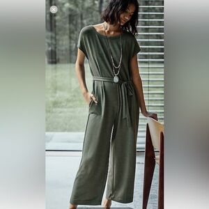 J.jill Knit Belted Jumpsuit In Dry Moss Green Heather Size MP Petite Medium